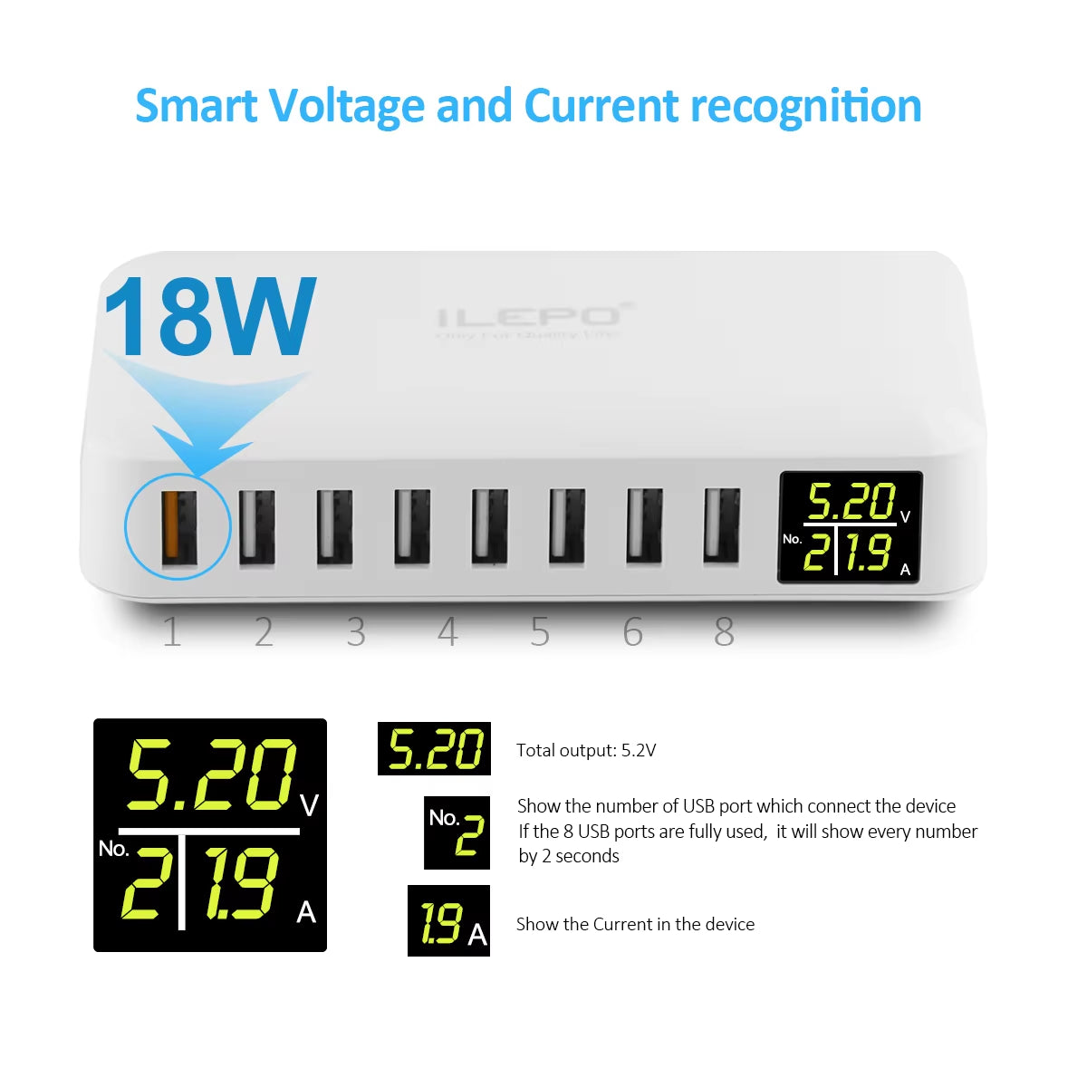 60W 8 Port USB Fast Charger QC3.0 HUB Smart Quick Charge LED Display Multi USB Charging Station Mobile Phone Desktop Home