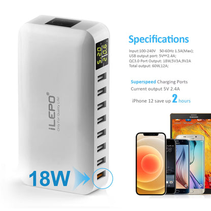 60W 8 Port USB Fast Charger QC3.0 HUB Smart Quick Charge LED Display Multi USB Charging Station Mobile Phone Desktop Home